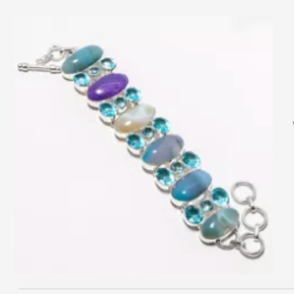 Botswana Agate Gem Blue Topaz Silver Bracelet Pendant Necklace - Picture 2 of 4